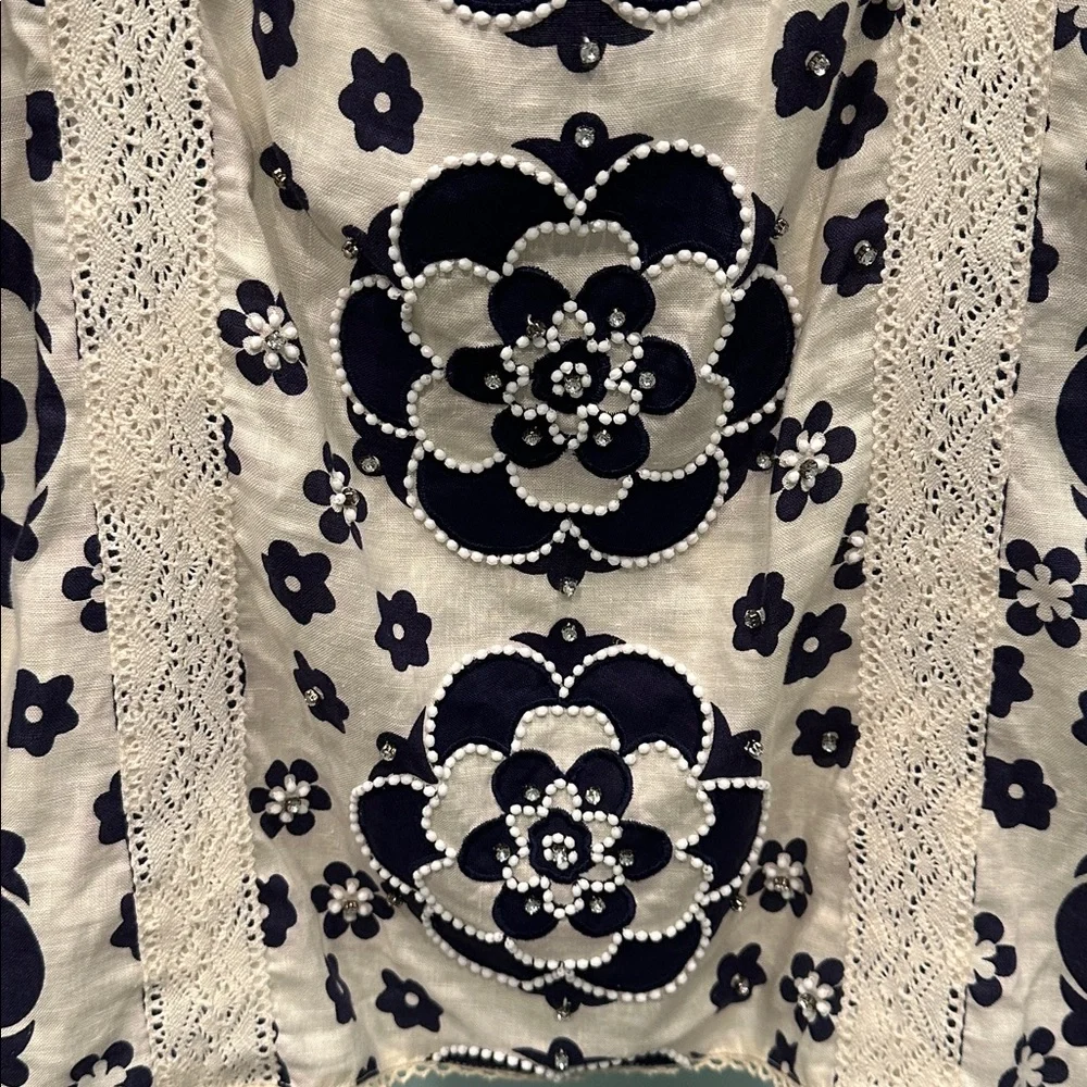 Tory Burch Cream and Navy beaded Floral Blouse - Picture 2 of 6